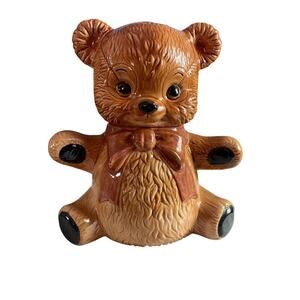 Vtg Cookie Jar Ceramic Teddy Bear W/brown Bow 80’s Initials RA On Bottom